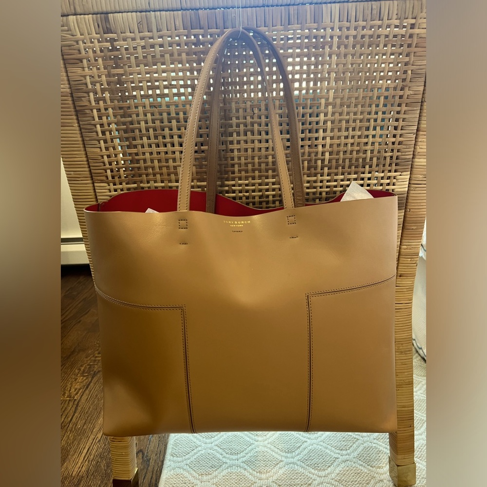 Tory Burch Block T Tote in Tan Leather  w/ removable pouch.
